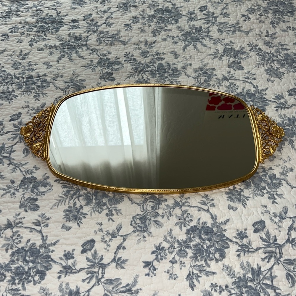 Antique Victorian Gold Mirror Jewelry Tray
